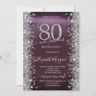 Silver Sparkle Diamonds Burgundy 80. Geburtstag Einladung