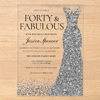 Silver Sparkle Dress 40. Geburtstag Party Acryleinladungen