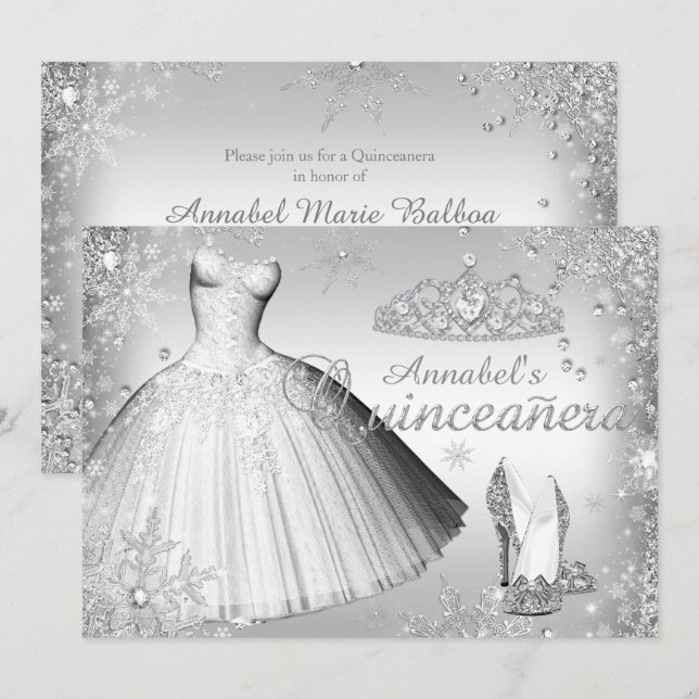 Silver Sparkle Dress & Tiara Quinceanera Einladung (Vorne/Hinten)