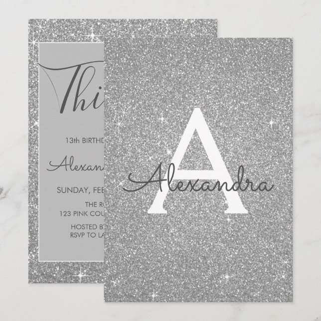 Silver Sparkle Glitzer 13. Dreizehn Geburtstag Einladung (Vorne/Hinten)