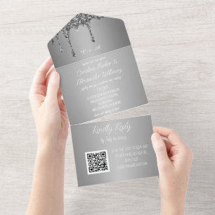 Silver Sparkle Glitzer Grau Script UAWG QR Code Al All In One Einladung