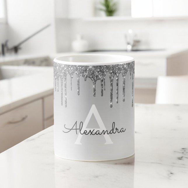 Silver Sparkle Glitzer Luxus Monogram Name Kaffeetasse (Von Creator hochgeladen)
