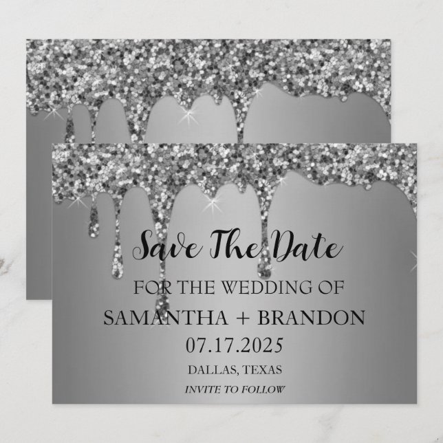 Silver Sparkle Glitzer Tropfen Luxury Wedding Save The Date (Vorne/Hinten)