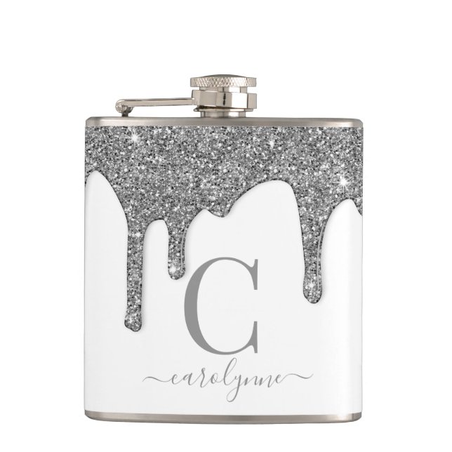 Silver Sparkle Glitzer Tropfen White Monogram Flachmann (Vorderseite)
