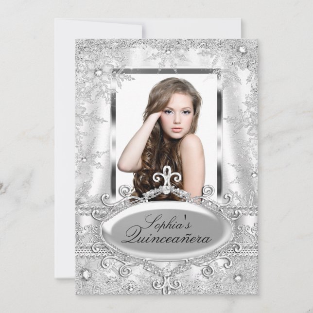 Silver Sparkle Jewel Snowflake Quinceanera Einladung (Vorderseite)