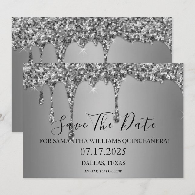 Silver Sparkle Luxus Glitzer Tropfen Quinceanera Save The Date (Vorne/Hinten)