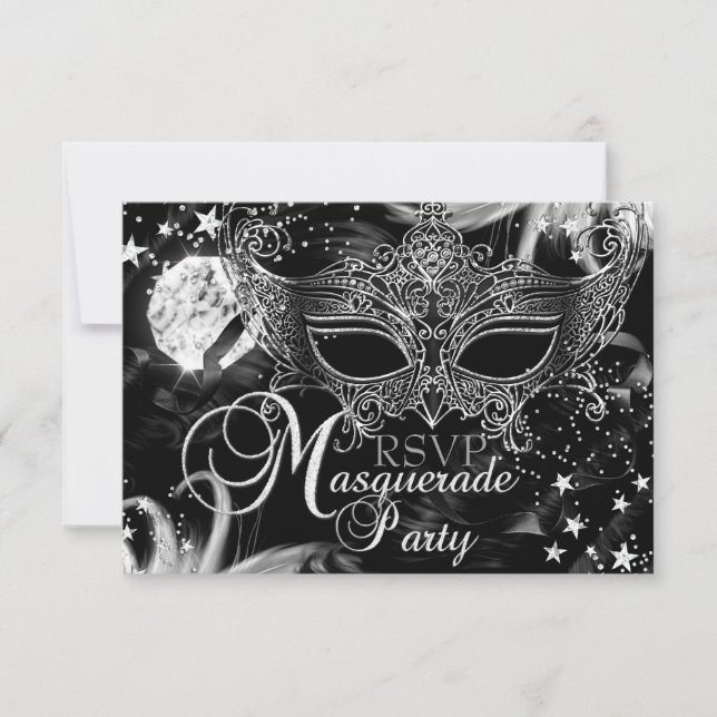 Silver Sparkle Mask Star Night Masquerade UAWG RSVP Karte (Vorderseite)