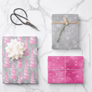 Silver Sparkle Pink Glam Unicorn Geburtstag Geschenkpapier Set