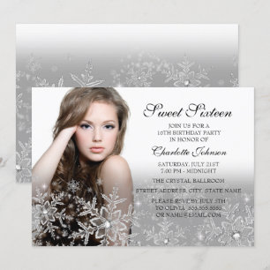 Silver Sparkle Snowflake Foto Sweet 16 Einladung