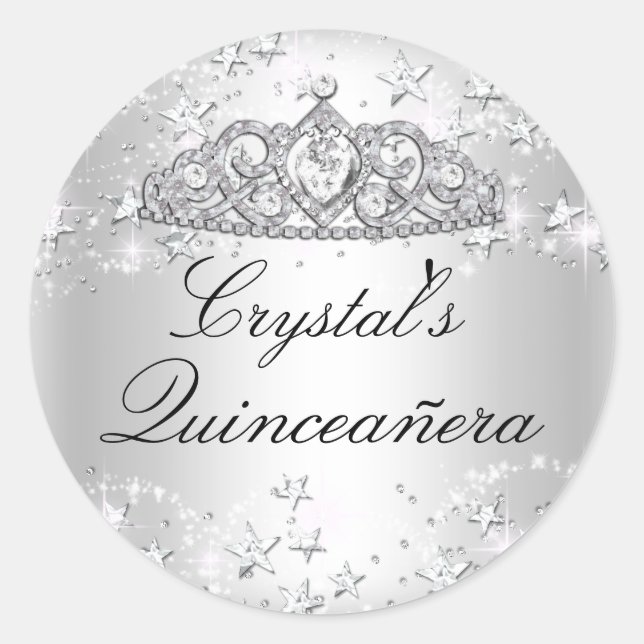 Silver Sparkle Tiara & Stars Quinceanera Sticker (Vorderseite)