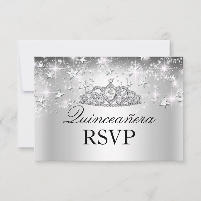 Silver Sparkle Tiara & Stars Quinceanera UAWG RSVP Karte (Vorderseite)