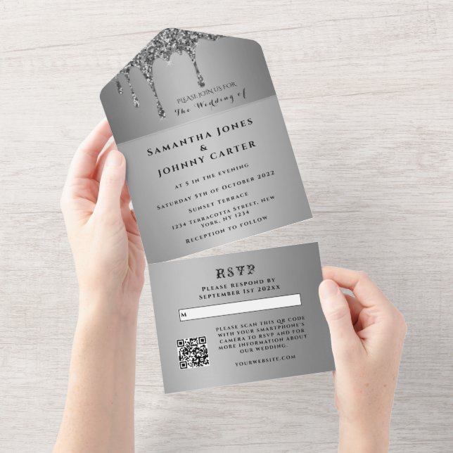 Silver Sparkle UAWG Elegante Moderne Hochzeit All In One Einladung (Abreißen)