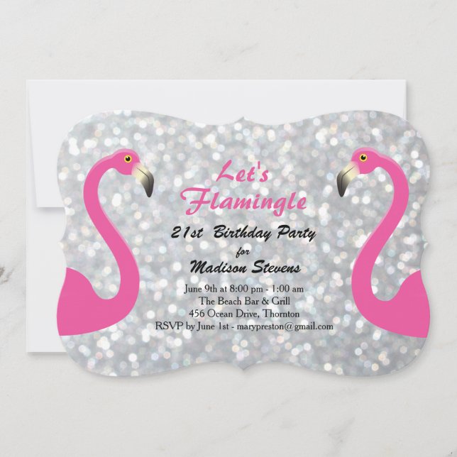Silver Sparkly Flamingle Invitation Anniversaire (Devant)