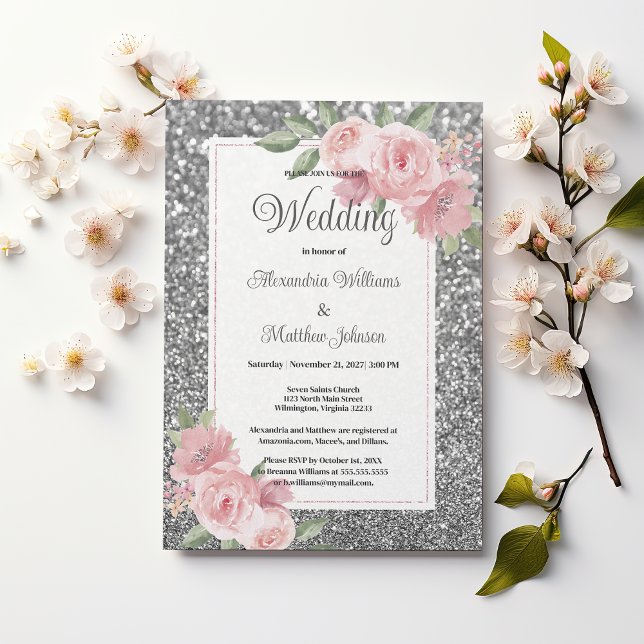 Silver sparkly glitter pink floral Wedding  Einladung (Silver sparkly glitter pink floral Wedding )
