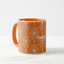 Silver Spiderweb Lace on Orange Tasse