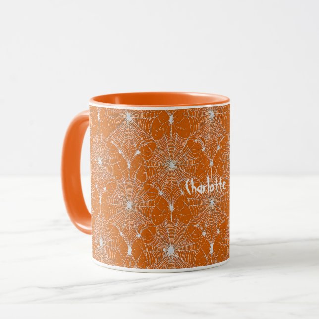 Silver Spiderweb Lace on Orange Tasse (Vorderseite Links)