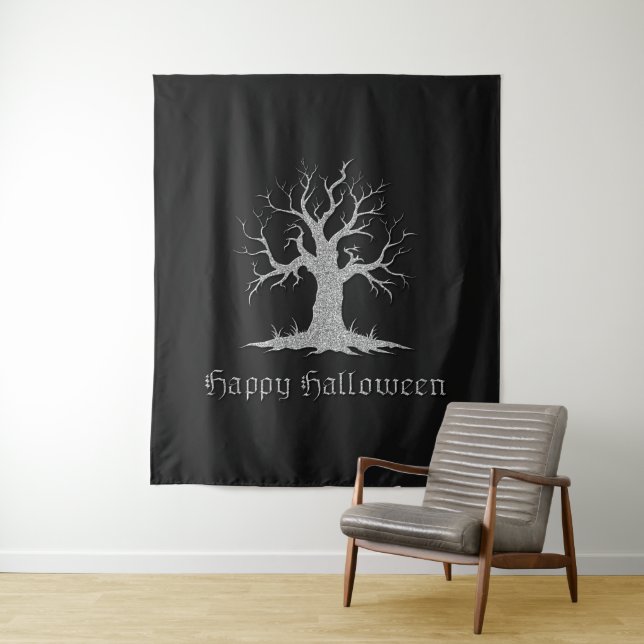 Silver Spooky Tree Halloween Foto Hintergrund Wandteppich (Beispiel)