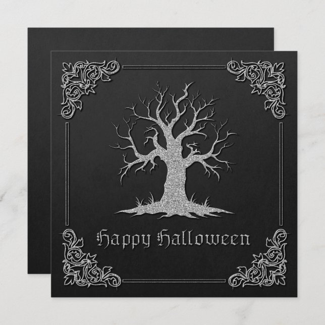Silver Spooky Tree Halloween Grußkarte (Vorne/Hinten)