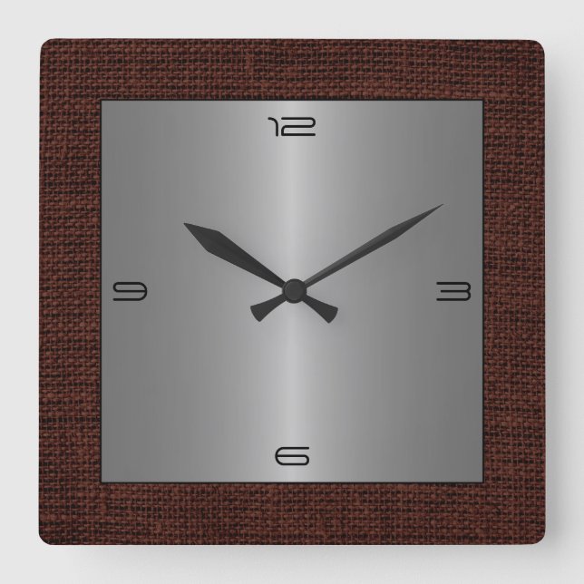 Silver Stainless Steel Modern Burlap Border #2 Quadratische Wanduhr (Vorderseite)