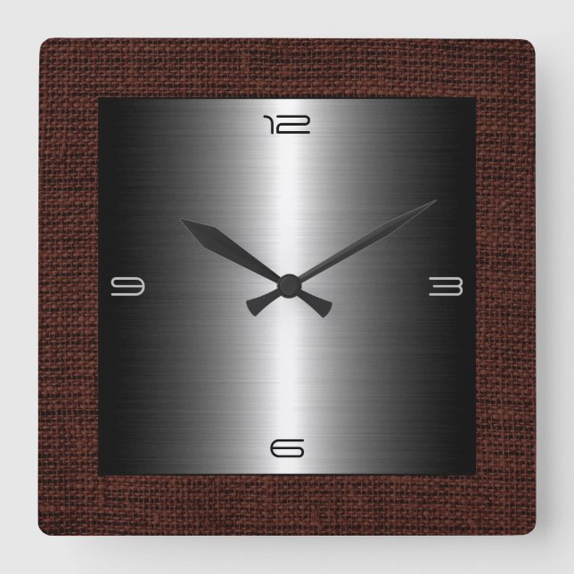 Silver Stainless Steel Modern Burlap Border Quadratische Wanduhr (Vorderseite)