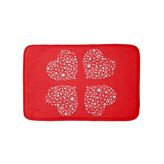 Silver Star Hearts on Red Background Badematte (Vorderseite)