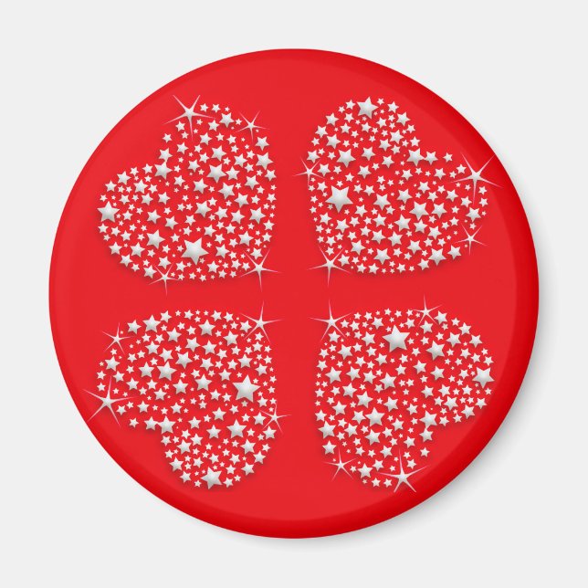 Silver Star Hearts on Red Background Magnet (Vorne)