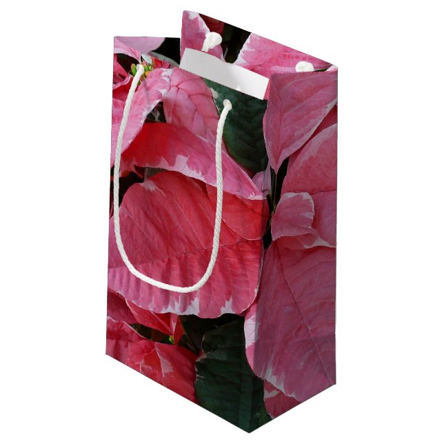 Silver Star Marble Poinsettias Pink Holiday Floral Kleine Geschenktüte (Rückseite Schrägansicht)