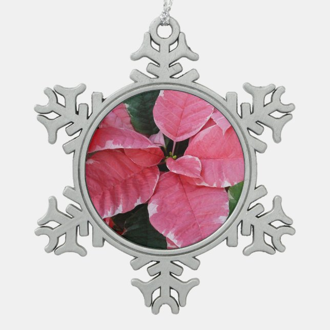 Silver Star Marble Poinsettias Pink Holiday Floral Schneeflocken Zinn-Ornament (Vorderseite)
