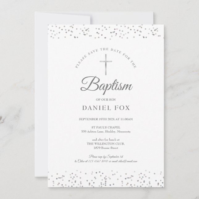 Silver Stardust Taufe Christening Save The Date (Vorderseite)