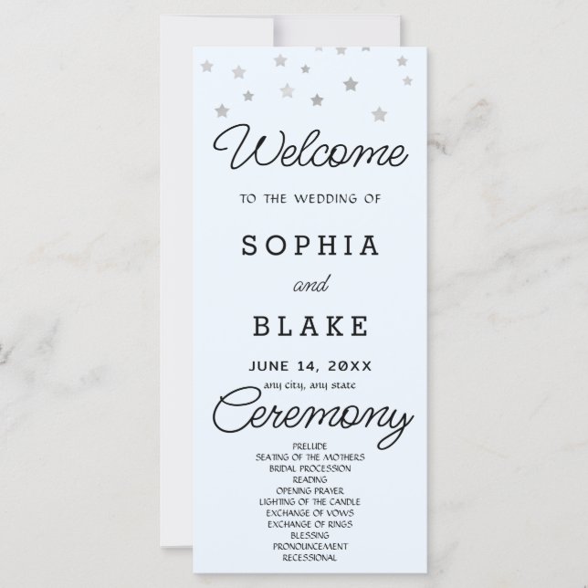 Silver Stars Celestial Light Blue Wedding Program (Vorderseite)