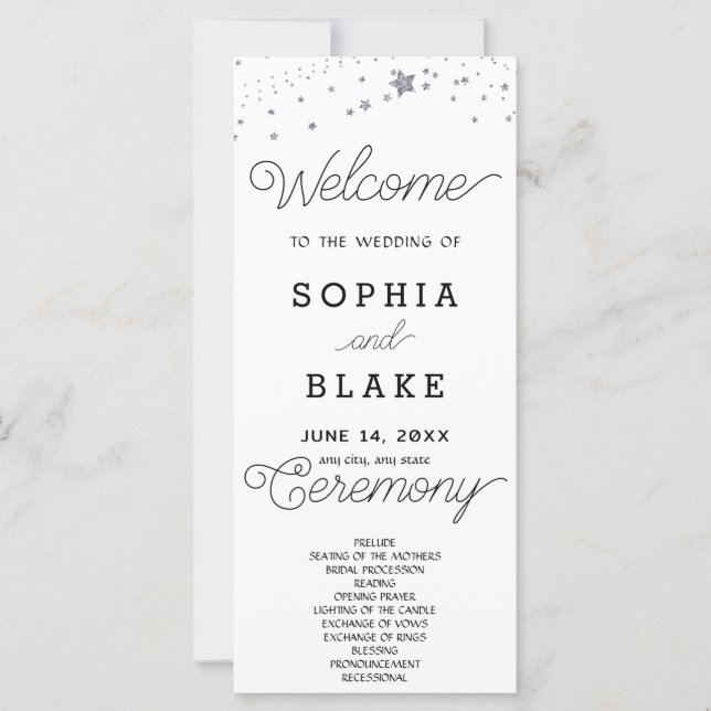 Silver Stars Celestial White Wedding Program (Vorderseite)