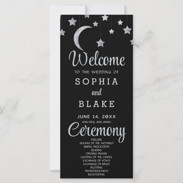 Silver Stars Crescent Moon Black Wedding Programm (Vorderseite)