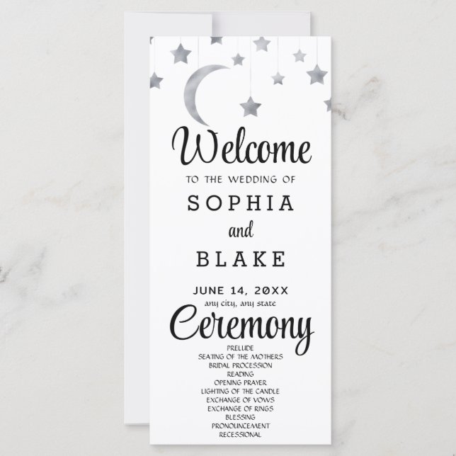 Silver Stars Crescent Moon White Wedding Programm (Vorderseite)