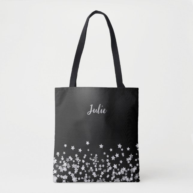 Silver Stars Monogram Personalisiertes Weihnachtsg Tasche (Vorderseite)