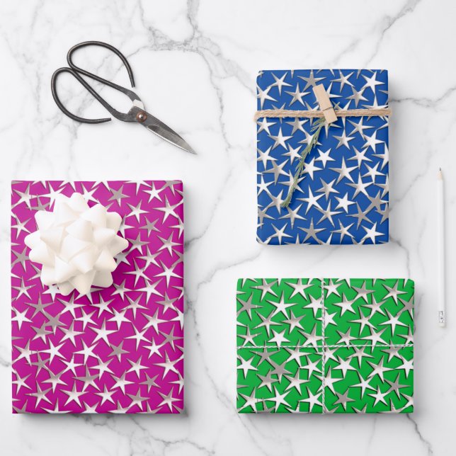 Silver Stars on , Lila, Cobalt Blue und Emerald Geschenkpapier Set (Vorderseite)