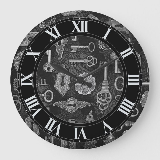 Silver Steampunk Keys and Key Holding Wall Clock Große Wanduhr (Vorderseite)