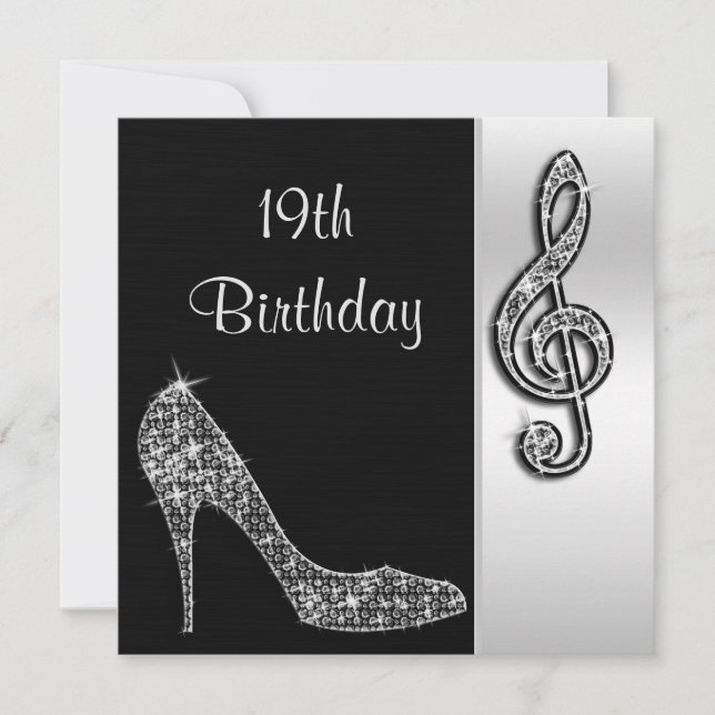 Silver Stiletto & Treble Cleft 19. Geburtstag Einladung (Vorderseite)