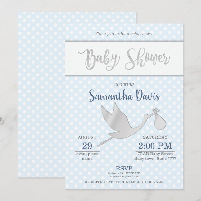 Silver Stork Baby Boy Babydusche Einladung (Vorne/Hinten)