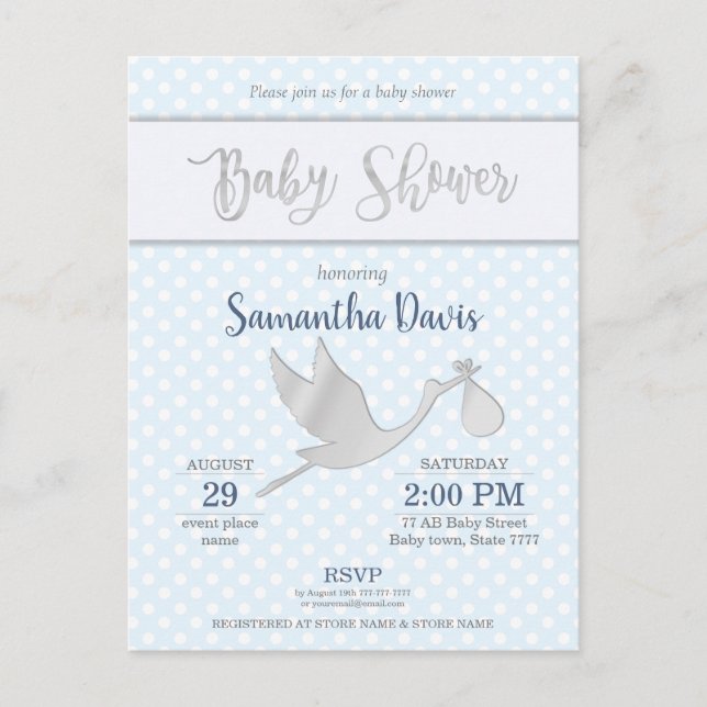 Silver Stork Baby Boy Babydusche Einladungspostkarte (Vorderseite)