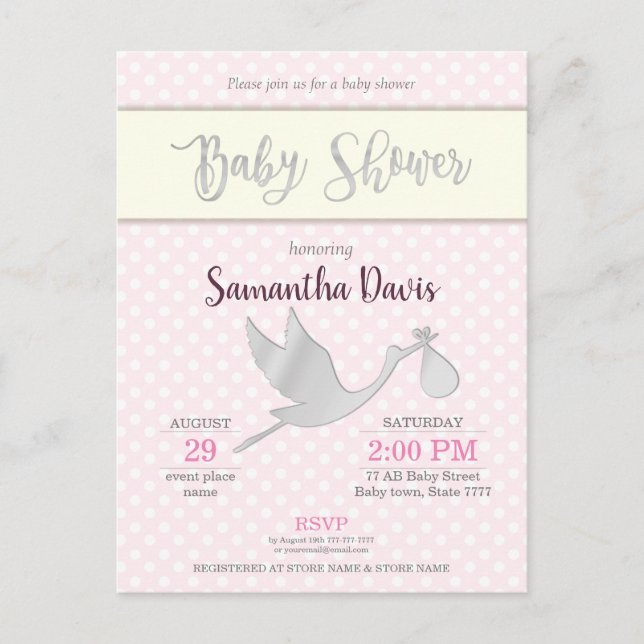 Silver Stork Baby Girl Babydusche Einladungspostkarte (Vorderseite)