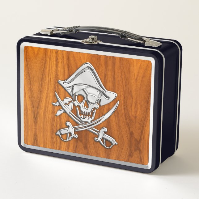Silver Style Pirate on Teak Veneer Metall Brotdose (Vorderseite)