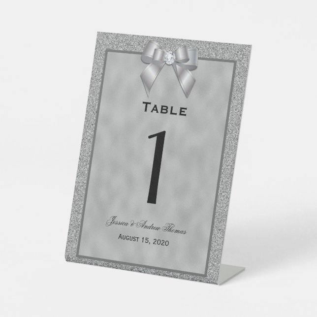 Silver & Stylish Glitzer Wedding Tischnummer Sockelschild (Vorderseite)