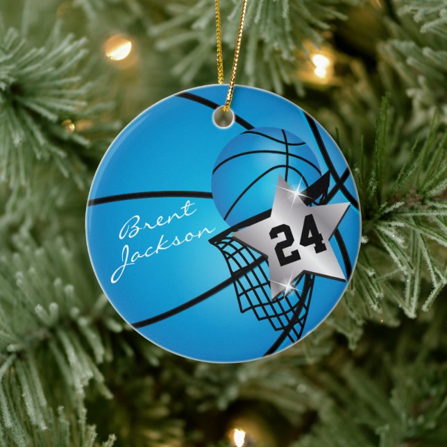 Silver Superstar Basketball | DIY Text | Blau Keramik Ornament (Baum)