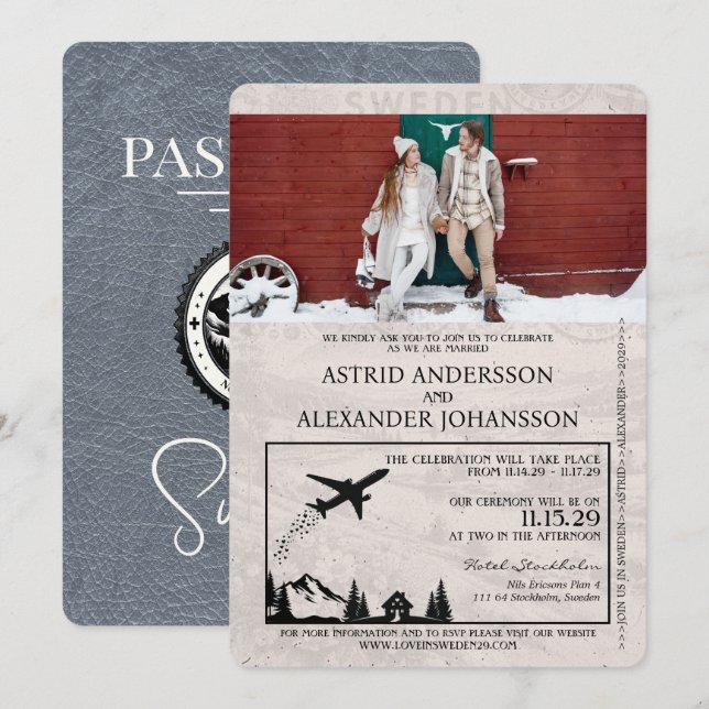 Silver Sweden Passport Wedding Einladung (Vorne/Hinten)