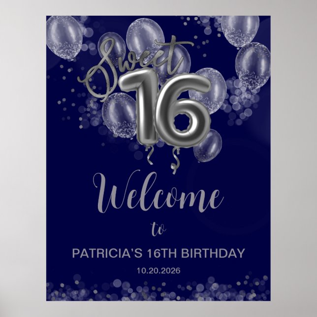 Silver Sweet 16 Ballons Royal Blue Affiche de bien (Devant)