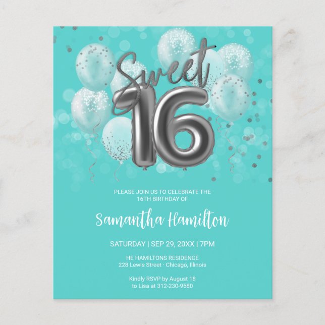Silver Sweet 16 Balloons Aquamarin Budge Einladung (Vorderseite)