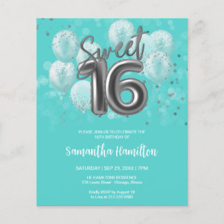 Silver Sweet 16 Balloons Aquamarin Budge Einladung
