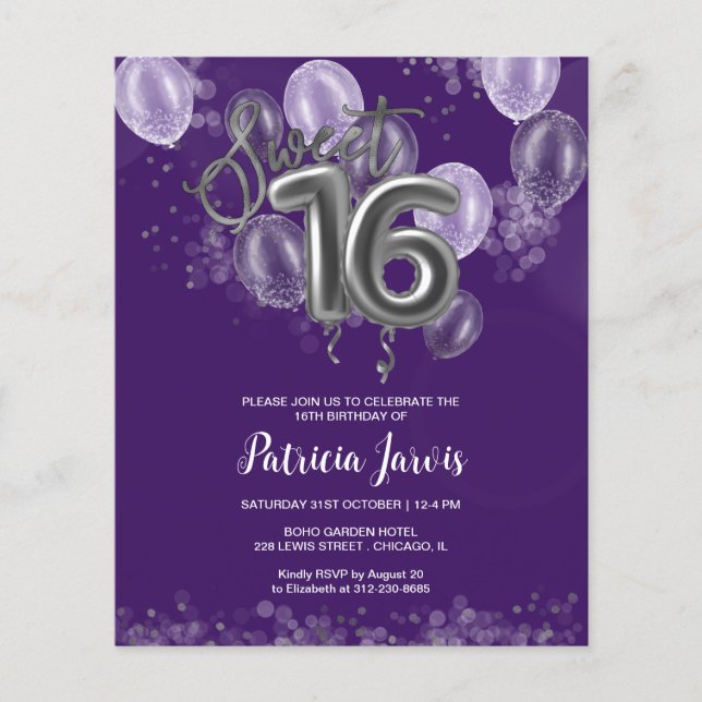 Silver Sweet 16 Bday Balloons Budget Einladungen (Vorderseite)
