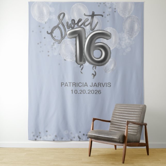 Silver Sweet 16 Bday Balloons Dusty Blue Backdrops Wandteppich (Beispiel)
