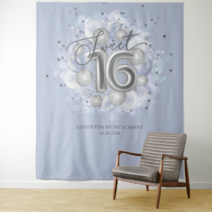 Silver Sweet 16 Bday Balloons Dusty Blue Hintergru Wandteppich